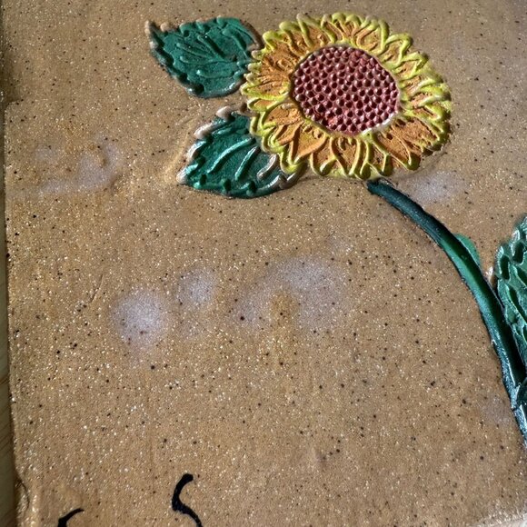 Vintage 70s Studio Pottery Sunflower Tile Handcrafted Square Clay Art Decor Wall - Picture 9 of 9